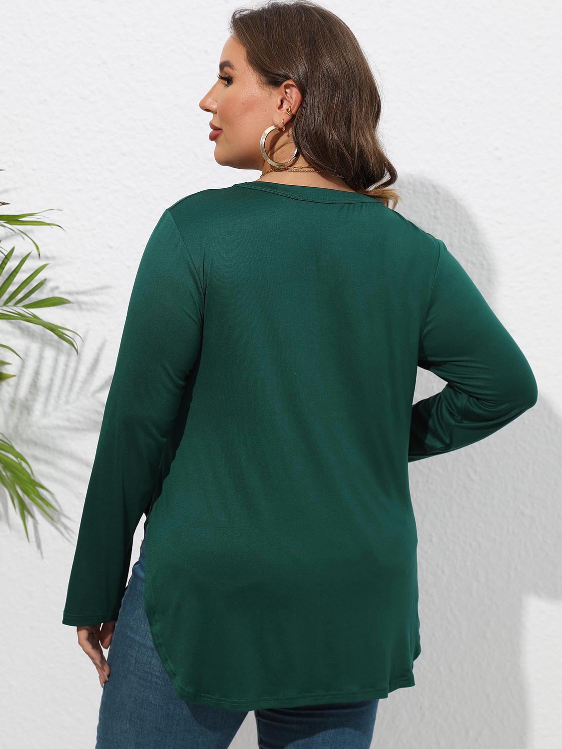 Plus Size Round Neck Long Sleeve Slit T-Shirt