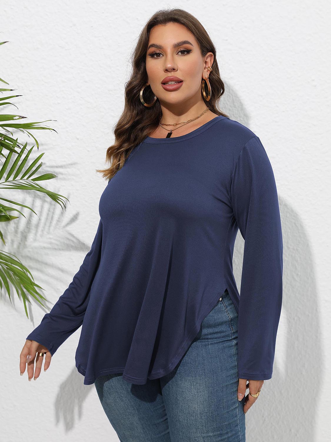 Plus Size Round Neck Long Sleeve Slit T-Shirt